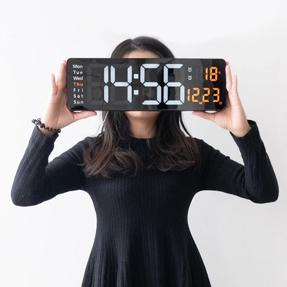 Large Digital Wall Clock Temp Date Week Display Remote Control Power Off Memory Table Clock Wall-mounted Dual Alarms LED Clocks