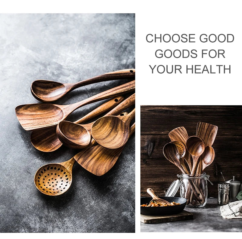 Thailand Teak Natural Wooden Tableware Cooking Ladle Turner Long Rice Colander Soup Skimmer Cooking Spoons Scoop Kitchen Tool