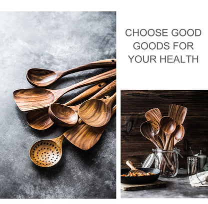 Thailand Teak Natural Wooden Tableware Cooking Ladle Turner Long Rice Colander Soup Skimmer Cooking Spoons Scoop Kitchen Tool