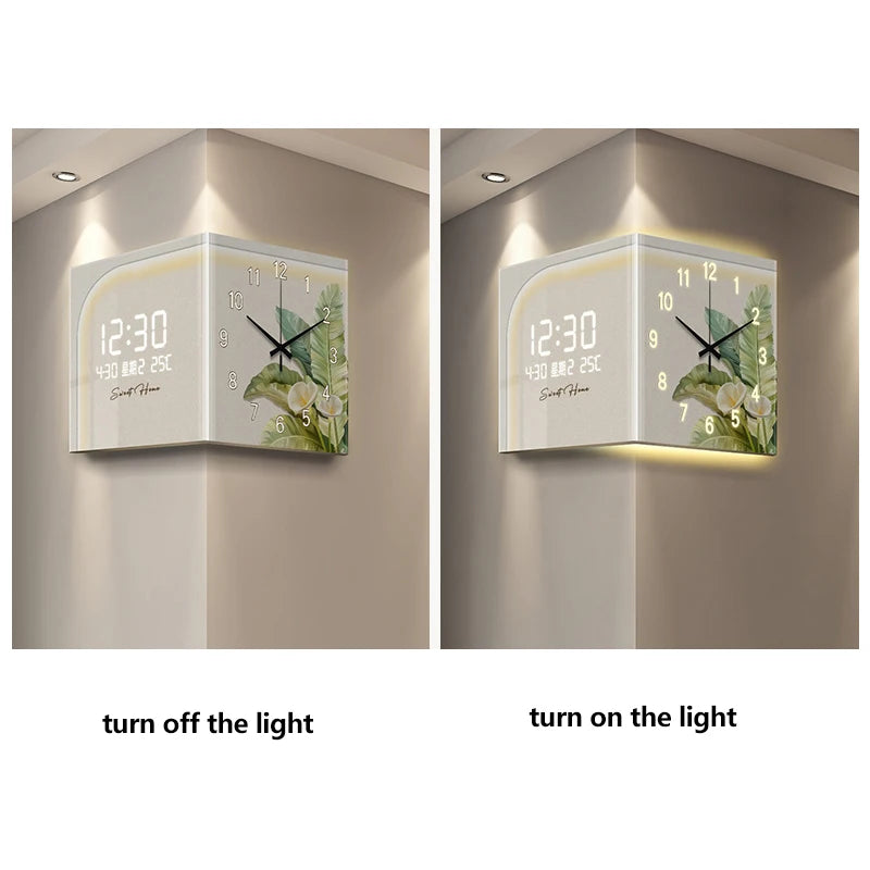 Green Plant-Themed Digital Display Wall Clock Double-Sided at Living Room Corner Single Face Electric Motive