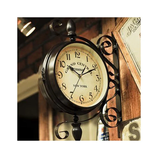 European Style Retro Wall Clock Simple Living Room Home Decor with Scenic Pattern Wrought Iron Double-Face Needle Display
