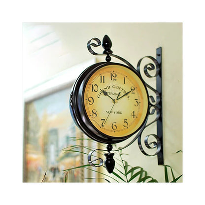 European Style Retro Wall Clock Simple Living Room Home Decor with Scenic Pattern Wrought Iron Double-Face Needle Display