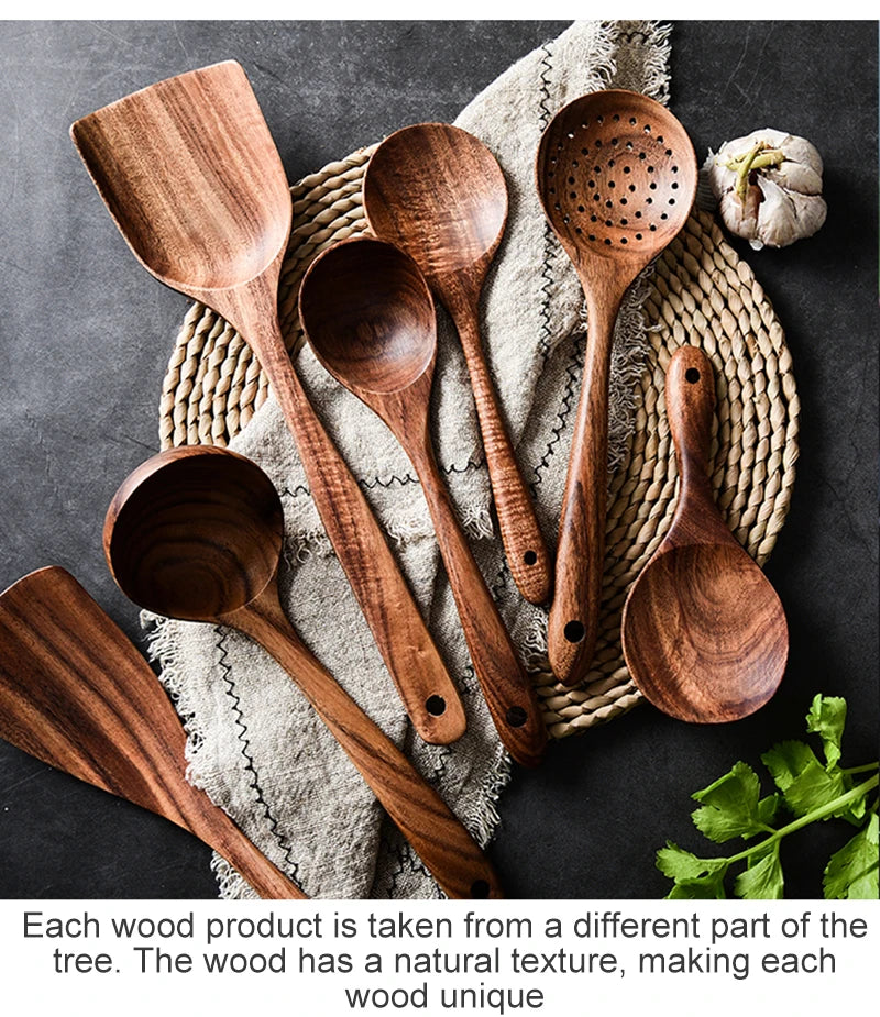 Thailand Teak Natural Wooden Tableware Cooking Ladle Turner Long Rice Colander Soup Skimmer Cooking Spoons Scoop Kitchen Tool