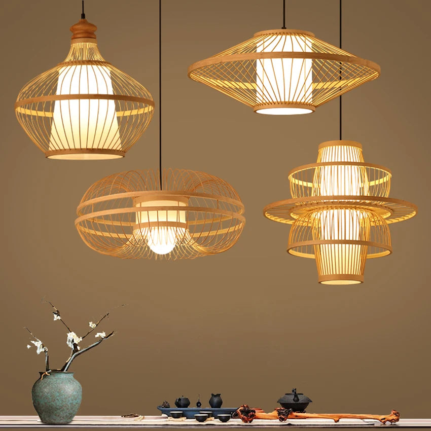 Bamboo Rattan Pendant Lamp Handmade Natural Boho Ceiling Light for Restaurant Cafe Home LED Lighting Fixture Vintage Ethnic Deco