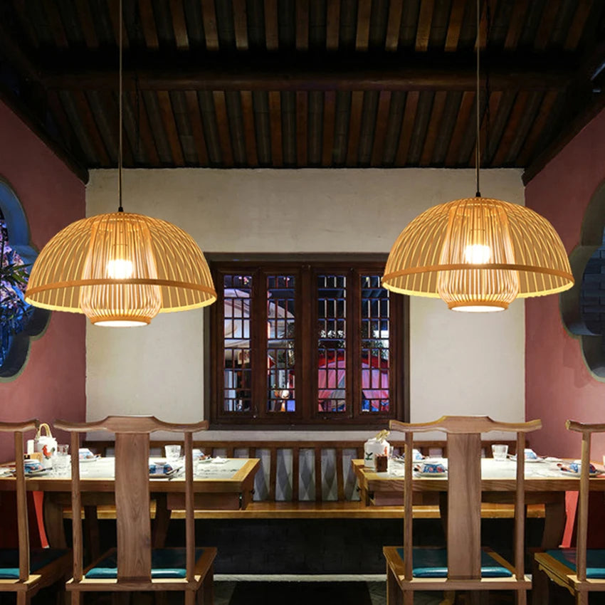 Bamboo Rattan Pendant Lamp Handmade Natural Boho Ceiling Light for Restaurant Cafe Home LED Lighting Fixture Vintage Ethnic Deco