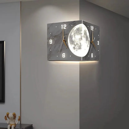 Creative Double-Sided Living Room Wall Clocks Silent Running Acrylic Moon-Light Emitting Backlit Display With Needle Drill-Free