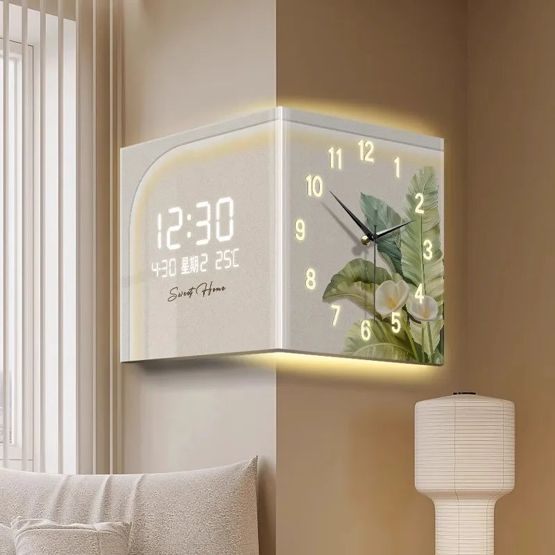 Green Plant-Themed Digital Display Wall Clock Double-Sided at Living Room Corner Single Face Electric Motive