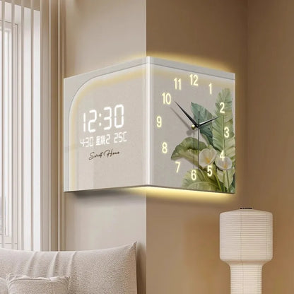 Green Plant-Themed Digital Display Wall Clock Double-Sided at Living Room Corner Single Face Electric Motive