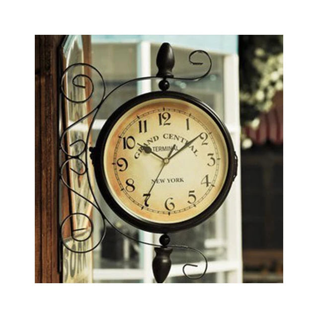 European Style Retro Wall Clock Simple Living Room Home Decor with Scenic Pattern Wrought Iron Double-Face Needle Display