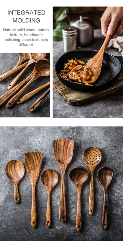 Thailand Teak Natural Wooden Tableware Cooking Ladle Turner Long Rice Colander Soup Skimmer Cooking Spoons Scoop Kitchen Tool