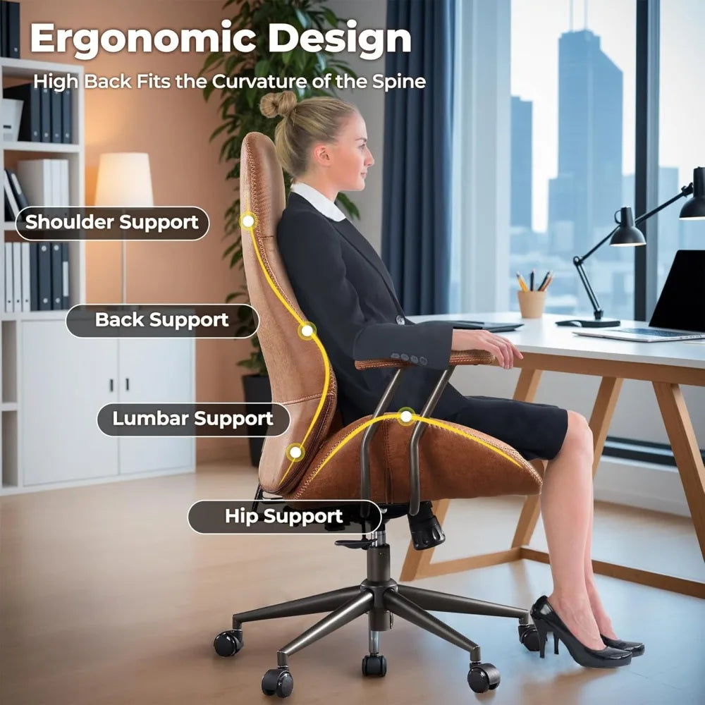 Ergonomic Mid-Century Modern Leather Office Chair with Lumbar Support High Back Swivel Rolling Executive Chair for Home Use