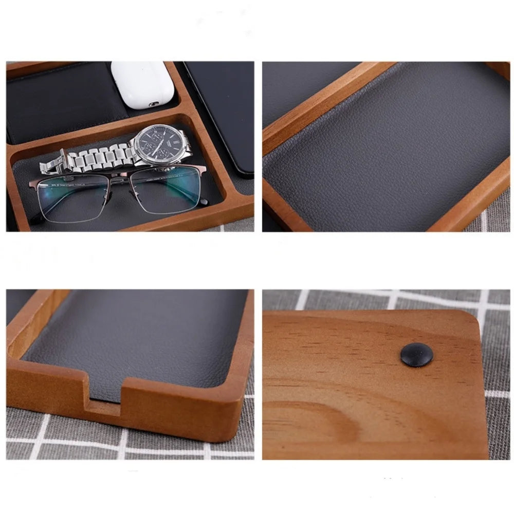 Wooden Office Desktop Storage Box with Solid Wood Grid for Glasses Mobile Phone Earphones and Sundries Wooden Storage Tray