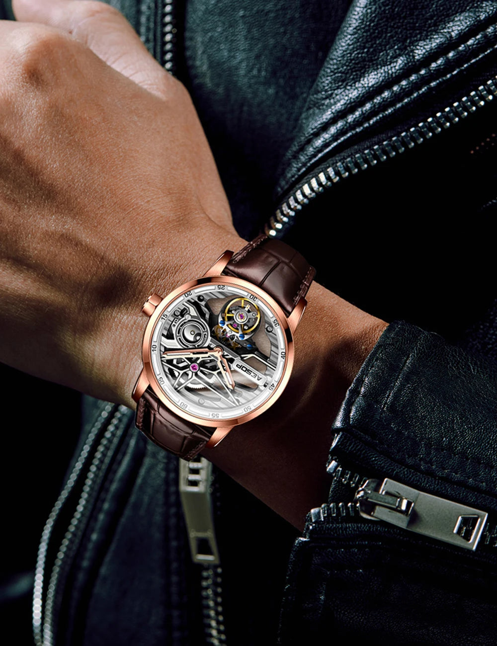 AESOP Men Flying Tourbillon Mechanical Full Skeleton Waterproof Watches Top Brand Luxury Watch for Men Sapphire With Diamond Man