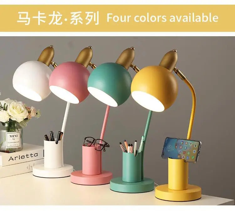 Nordic Iron Art LED Macaron Desk Lamp Eye Protection Dimming Metal Pen Holder Table Lamp Living Room Bedroom Home Decor Lighting