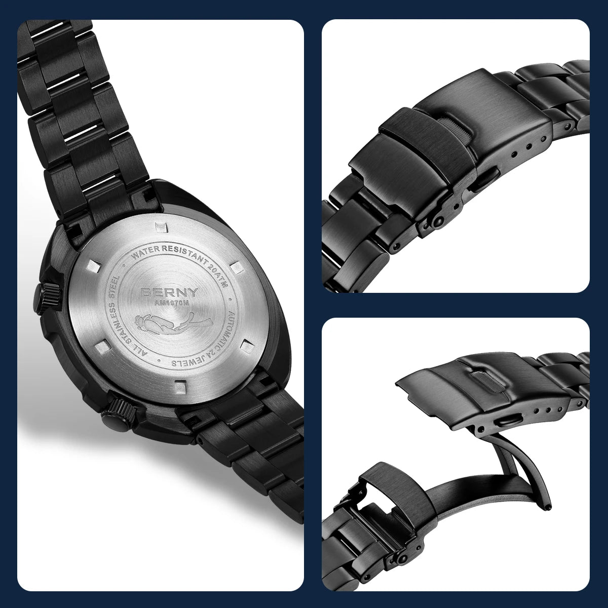 BERNY 20ATM Diver Watch For Men Mechanical Black Dial Original Design Top Automatic Sapphire Luxury Diving Luminous Men Watch