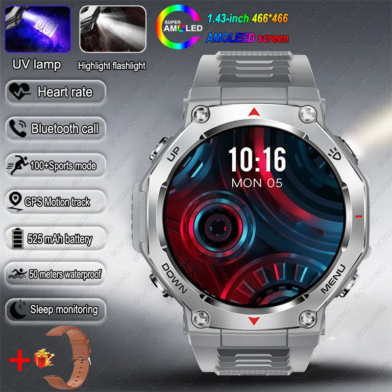 T-Rex 3 GPS Smart Watch 5ATM Waterproof 1.43 inch AMOLED HD Screen BT Call Flashlight Military Sport Smartwatches Men 2025 New