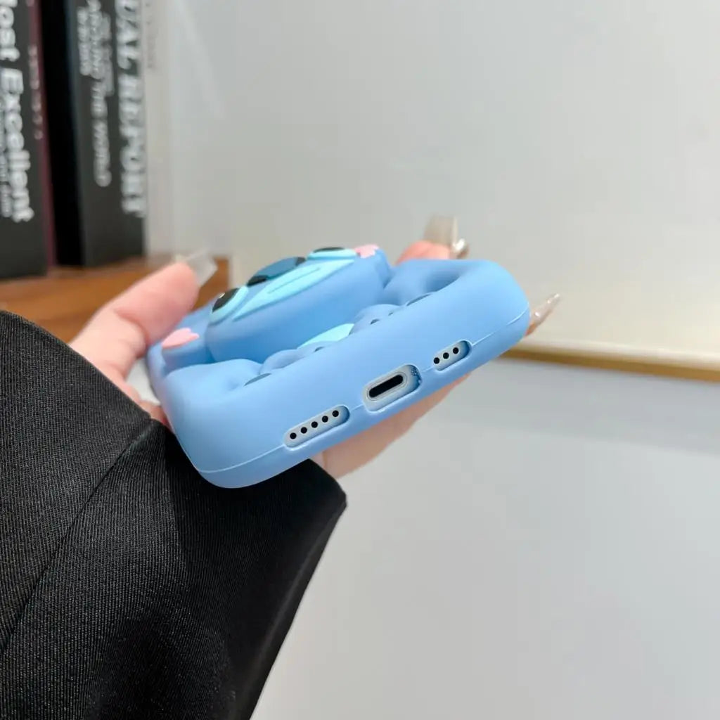 For iPhone 15 Pro Max 16 11 12 Pro 13 14 Pro Max 13Pro 3D Stitch Kitty Face Grip Tok Holder Cartoon Silicon Soft Phone Case