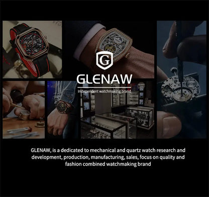 GLENAW Rotating Earth Double Second Hand WristWatch Men Automatic Mechanical Watch Starry Sky Stainless Steel Leather Watchband
