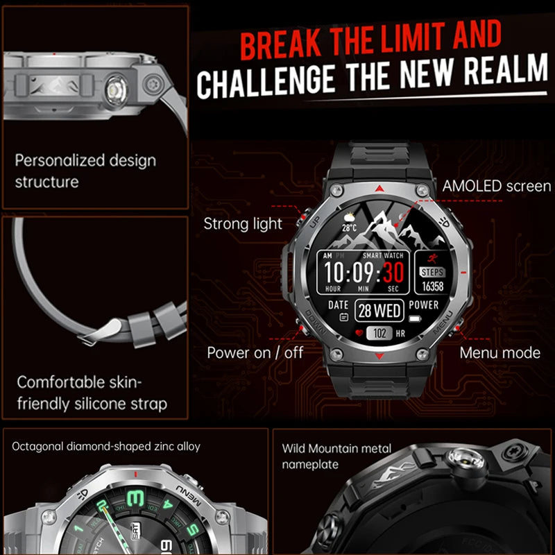 T-Rex 3 GPS Smart Watch 5ATM Waterproof 1.43 inch AMOLED HD Screen BT Call Flashlight Military Sport Smartwatches Men 2025 New