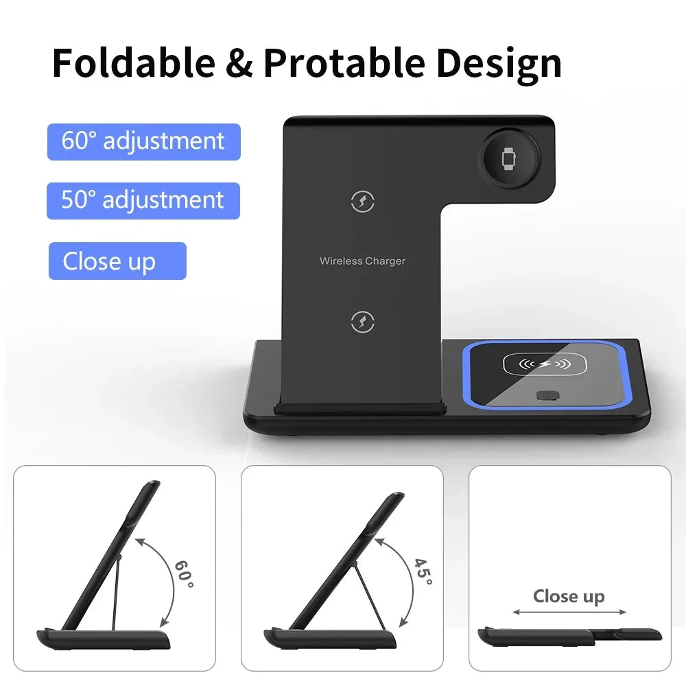 Foldable Phone Wireless Charger Station For iPhone 16 15 14 13 12 Pro Max Apple Watch 10/9/8/7/6 AirPods 3/2 Fast Charging Dock