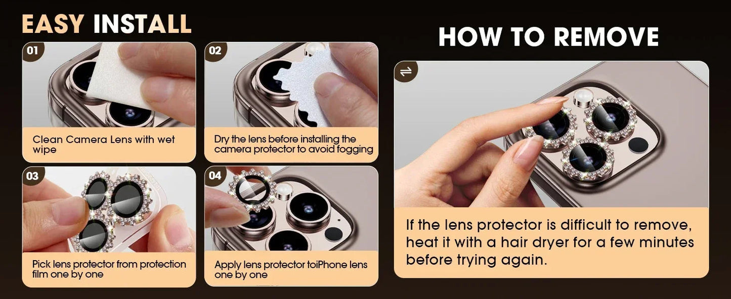 2-3Pcs Bling 3D Metal Gear Design Diamond Camera Lens Glass Protector For IPhone 16 17 Pro Max 16Plus Case Friendly Rings RELUX.STORE