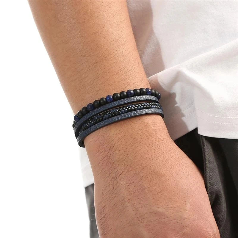 Men Leather Bracelet Classic Fashion Tiger Eye Beaded Multi Layer Leather Bracelet For Men Jewelry Gift RELUX.STORE