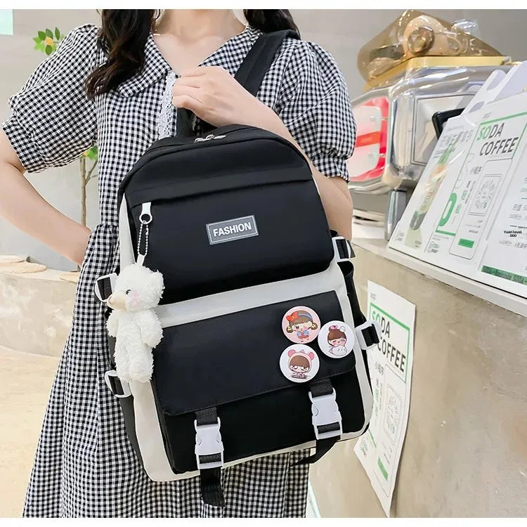 Five-Piece Set Large Capacity Fashionable Double Shoulder Backpack for Junior And High School Girls Primary School Students