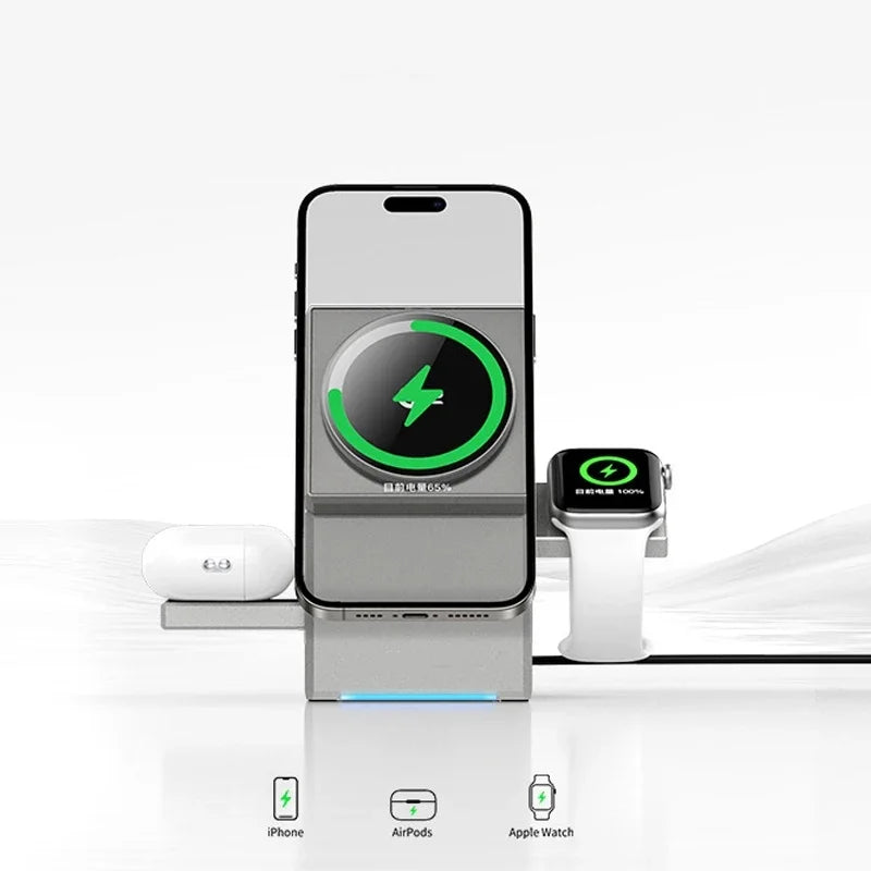 15W Qi2 3 in 1 Touch Autorotation Magsafe Magnetic Wireless Charger for Android Iphone Iwatch Airpods Fast Charging Dock Station