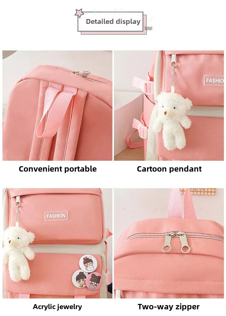 Five-Piece Set Large Capacity Fashionable Double Shoulder Backpack for Junior And High School Girls Primary School Students