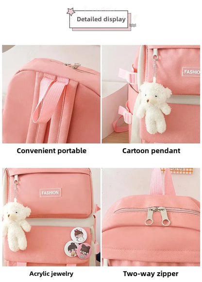 Five-Piece Set Large Capacity Fashionable Double Shoulder Backpack for Junior And High School Girls Primary School Students