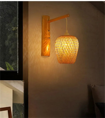 SAMAN Modern Bamboo Art Wall Lamp Bamboo Weaving Creative Living Room Restaurant Bedroom StudyTea Homestay LED Retro Wall Light