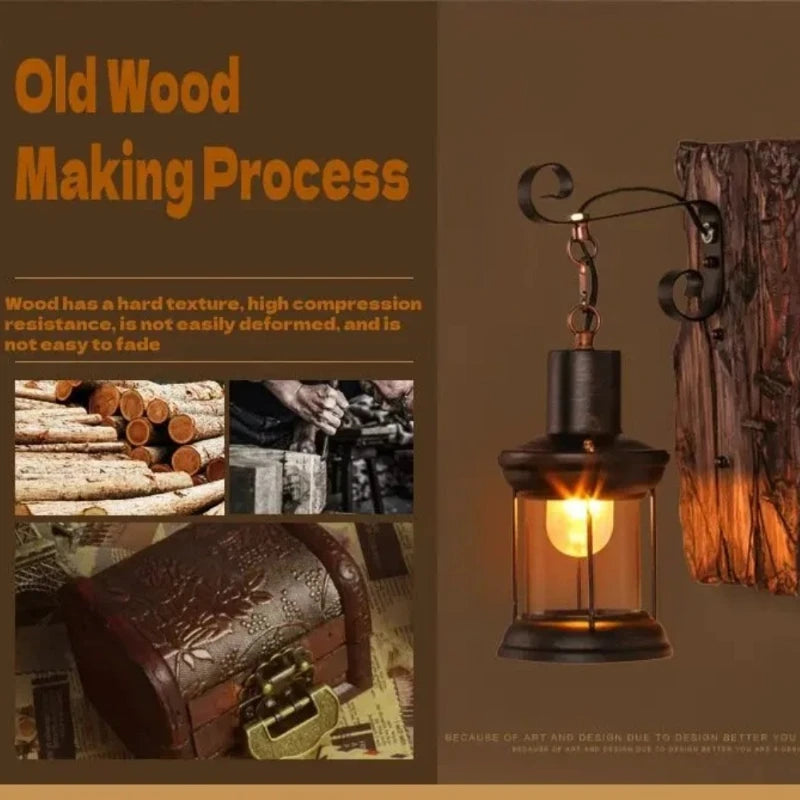 Antique New Style Industrial Wood Wall Sconce Light Rustic Wall Lamp Decorate Wall Light Iron Metal Art For Bar Loft Corridor