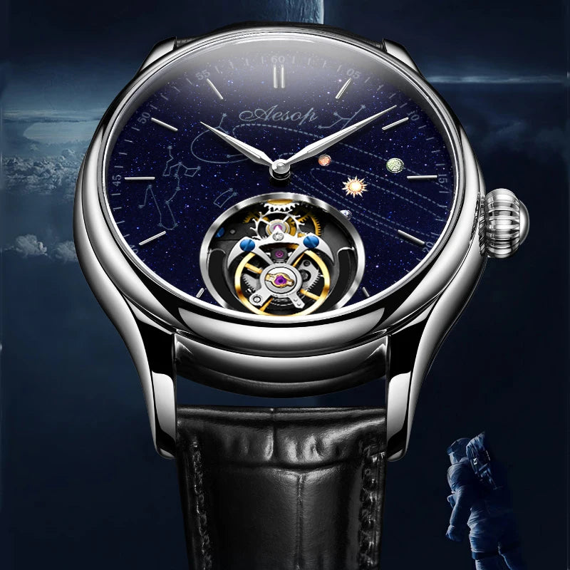 AESOP Mens Luxury Real Flying Tourbillon Mechanical Sapphire Waterproof Watch Skeleton Watches for Men Wristwatches Male 2025 A