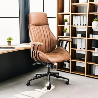 Ergonomic Mid-Century Modern Leather Office Chair with Lumbar Support High Back Swivel Rolling Executive Chair for Home Use