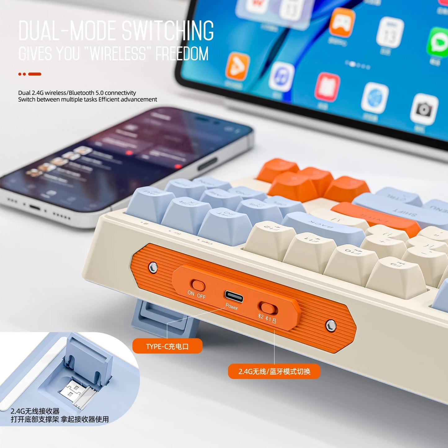 M87 Wireless Keyboard Gaming,87keys Dual Mode Bluetooth Keyboard with Rainbow-light RGB,PBT Ballcaps for Silent Office Gaming