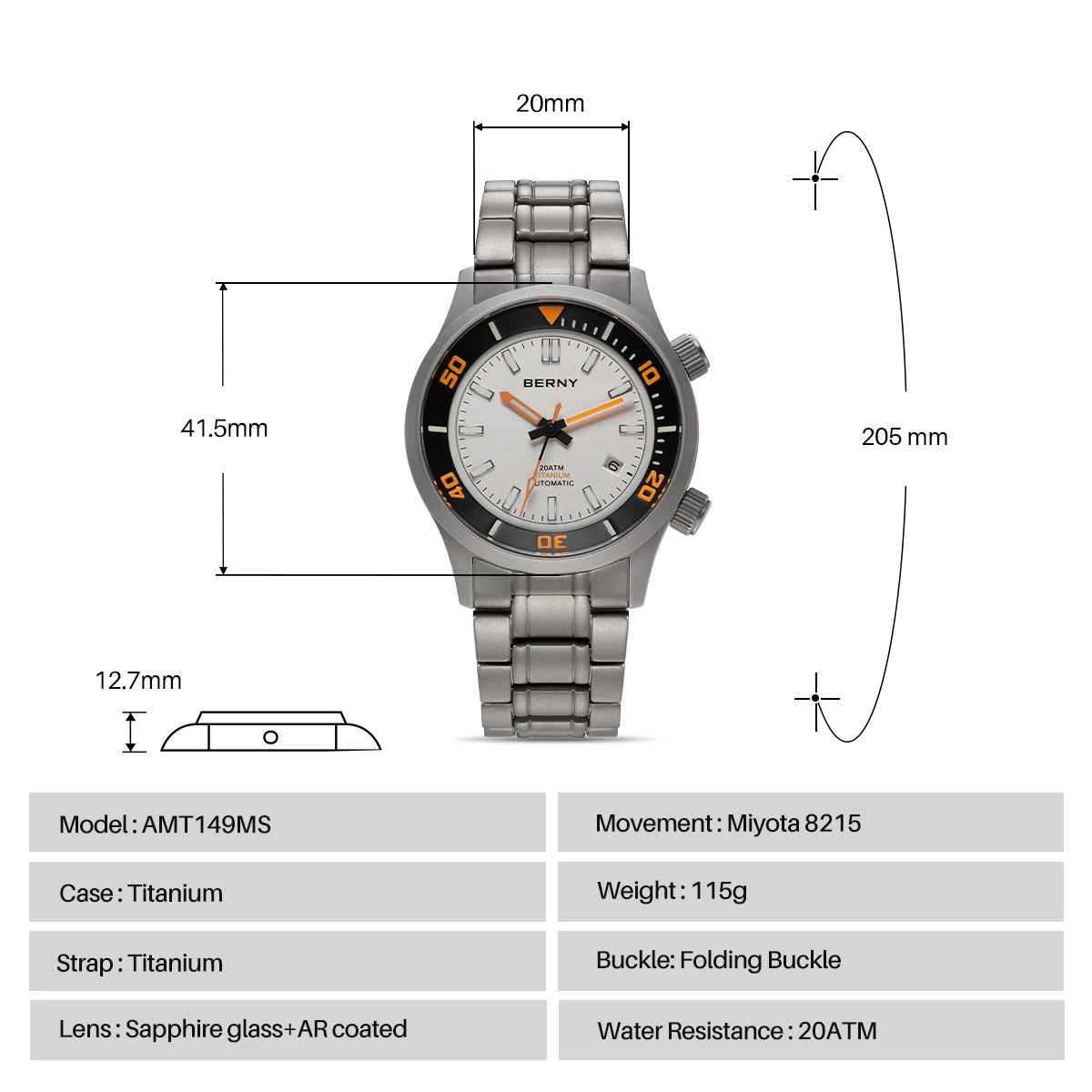 BERNY Automatic Full Titanium Diver Watch for Men Supper Luminous Sappire AR coated Miyota 8215 Compressor Mechanical Dive Watch