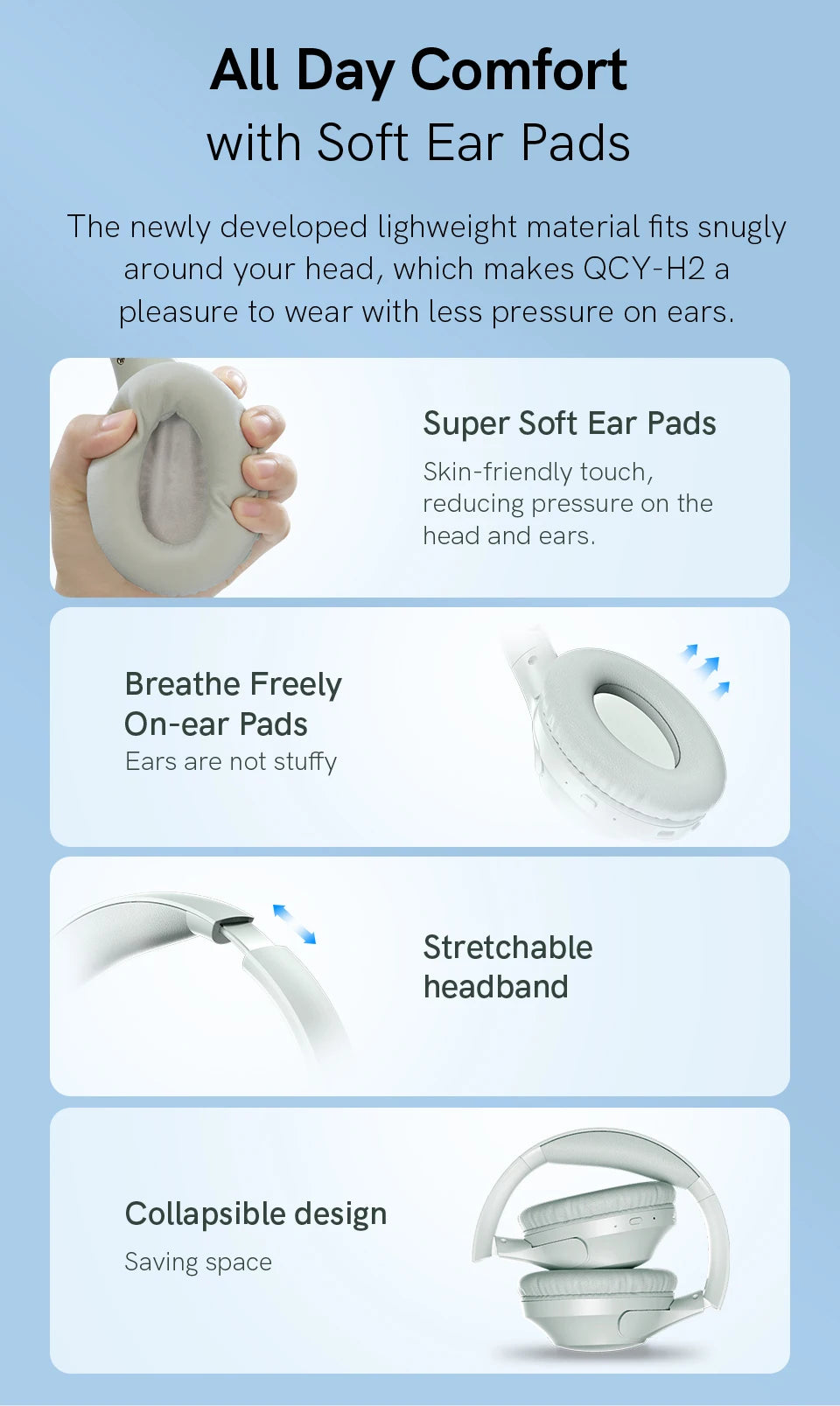 QCY H2 H2 Pro Wireless Headphones Bluetooth 5.3 BASS Mode Hifi Stereo Headset Over the Ear Gaming Earphones Dual Device Connect