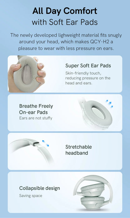 QCY H2 H2 Pro Wireless Headphones Bluetooth 5.3 BASS Mode Hifi Stereo Headset Over the Ear Gaming Earphones Dual Device Connect