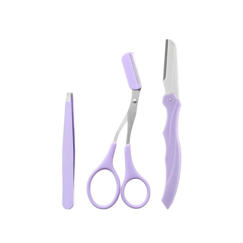 Private Label 3Pcs/Set Makeup Tools Portable Eyebrow Trimming Set Eyebrow Razor Eyebrow Scissors with Comb RELUX.STORE