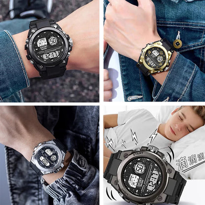 Black Sports Watch for Kids Students Men's Multifunction LED Digital Watch Waterproof Luminous Alarm Clock Electronic Watches