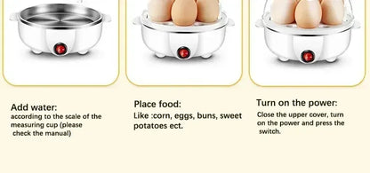 Multifunctional Electric Egg Cooker Steamer - Double Layer for Boil, Poach, Steam Eggs & Veggies, Compact Breakfast Appliance