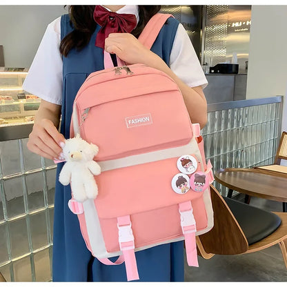 Five-Piece Set Large Capacity Fashionable Double Shoulder Backpack for Junior And High School Girls Primary School Students
