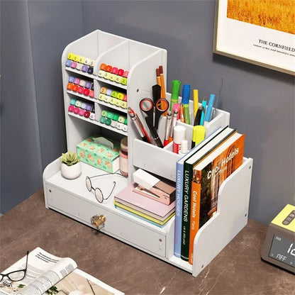 Wooden Desk Organiser DIY Desktop Tidy Pen Holder Large Capacity Stationery Storage Box with Drawer for Home Office and School