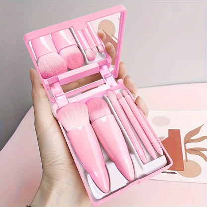 5Pcs Portable Makeup Brush Set With Mirror -  Foldable Travel Kit ，Mini Makeup Brush Set Travel Makeup Brush Set RELUX.STORE