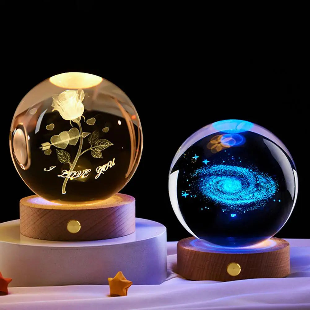 6cm Faux Crystal Ball Light Calming Night Light Clear Lighted Stellar Galaxy Spheres With Wooden Base For Bedside Table Desk
