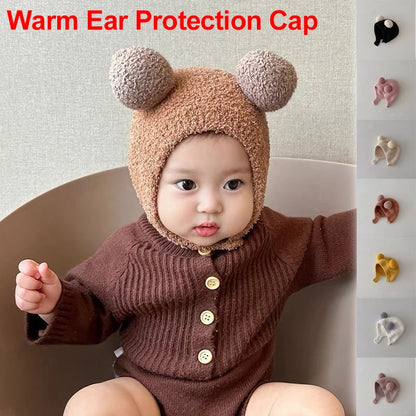 Cute Winter Warm Kids Girl Boys Baby Hats Fleece Wool Hemming Caps with Ball Solid Wool Ear Protection Hats Soft Newborn Bonnet