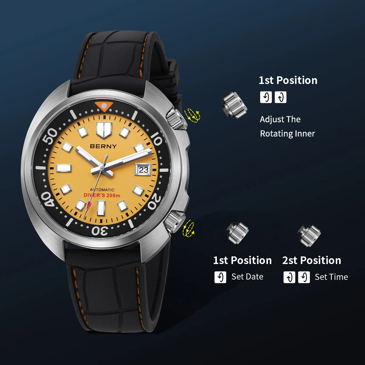 BERNY Automatic Diver Watch for Men Super Luminous Wristwatch Sapphire Sport Mechanical 20ATM 1970 Compressor Diving Men Watches