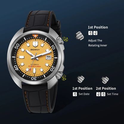BERNY Automatic Diver Watch for Men Super Luminous Wristwatch Sapphire Sport Mechanical 20ATM 1970 Compressor Diving Men Watches