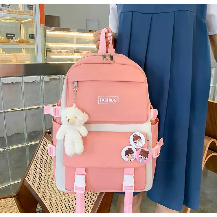 Five-Piece Set Large Capacity Fashionable Double Shoulder Backpack for Junior And High School Girls Primary School Students