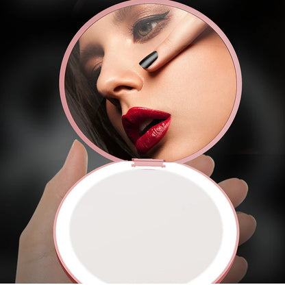 Personalized Small LED Light Cosmetic 2 Side Folding Makeup Compact Pocket Mirror Women Luminous Effect Pink White Mini Mirror